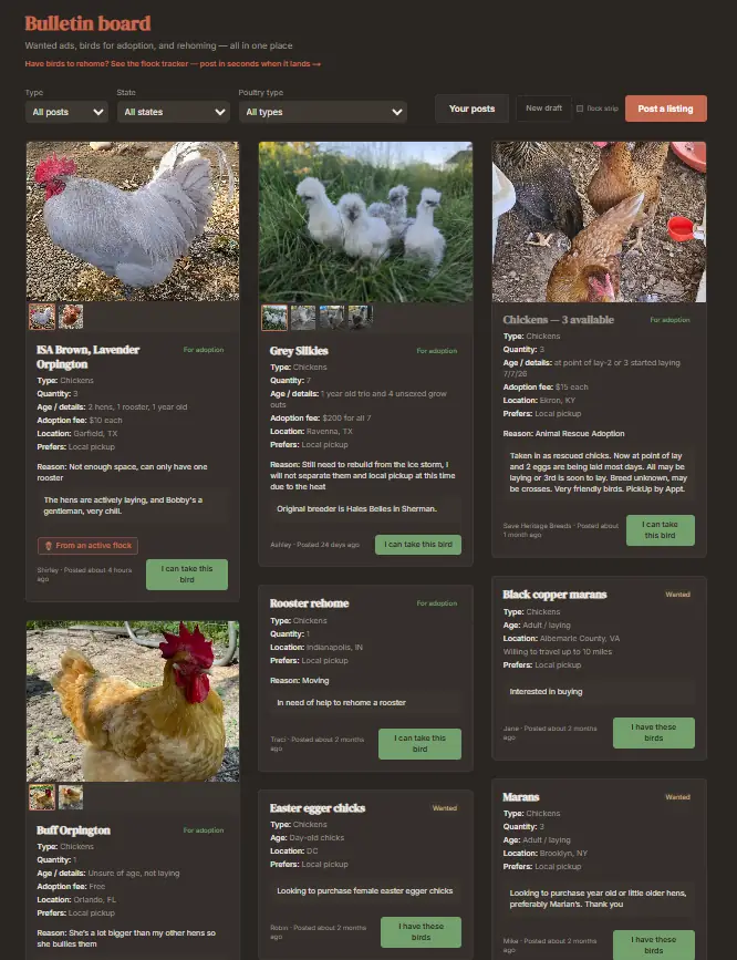 The bulletin board, showing listings from keepers with photos and locations.