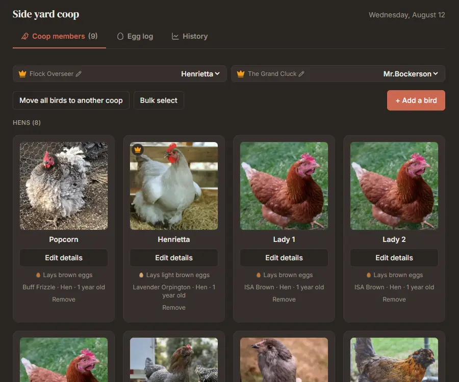 A coop's birds, each with a photo, name, breed, sex, age, and the egg color it lays