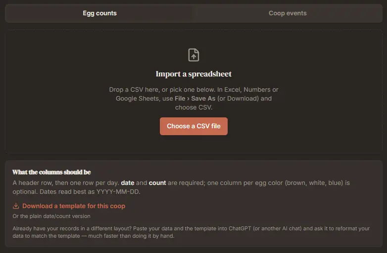 Importing a spreadsheet of egg history into the flock tracker