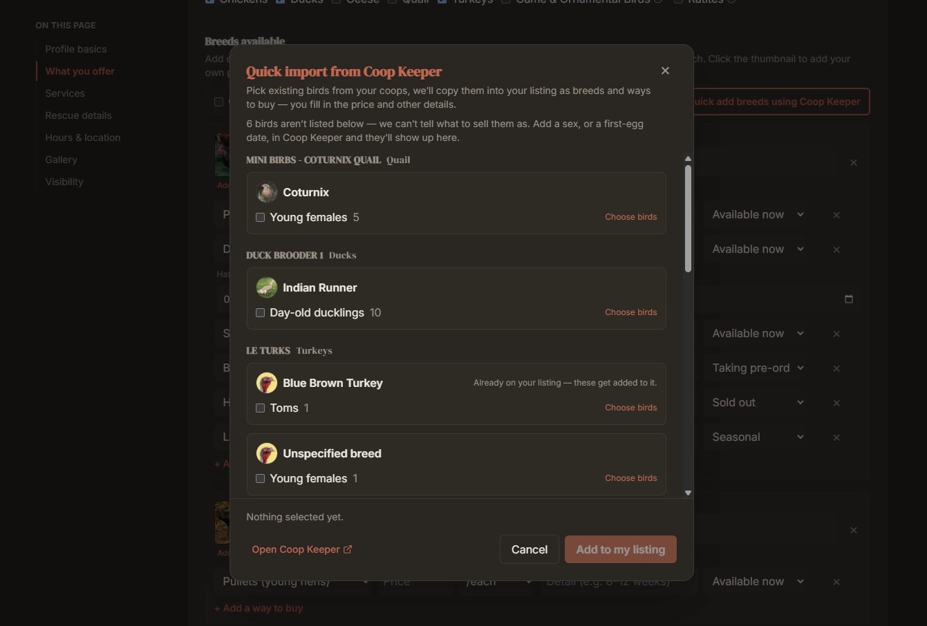 The Quick import from Coop Keeper dialog on a storefront listing, showing breeds grouped by coop — Coturnix quail, Indian Runner ducks, Blue Brown turkeys — each with a bird group to tick and add to the listing.